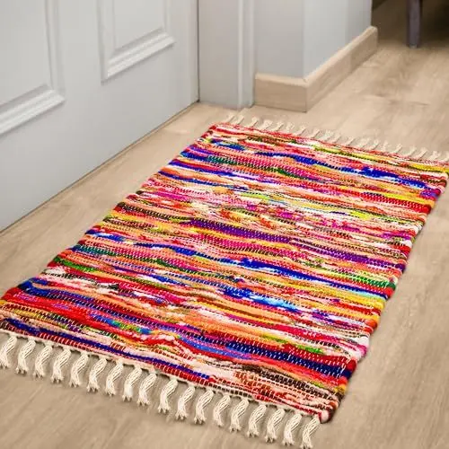 Produktbild: RAJRANG BRINGING RAJASTHAN TO YOU Chindi Patchwork Teppich 50x80 cm Recyceltes Gewebter indischer Teppich Mehrfarbiger StreifenTeppich