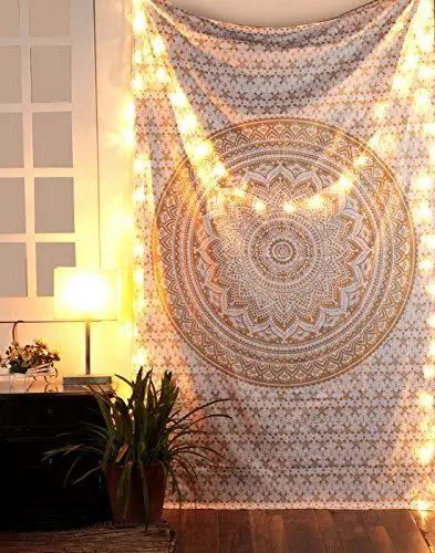 Produktbild: RAJRANG BRINGING RAJASTHAN TO YOU Ombre Tapisserie - Weiß und Gold - 127x152 Cm - goldene Mandala Wandbehang Tapisserien für Männer und Frauen, elegante Boho Raumdekoration Badetuch