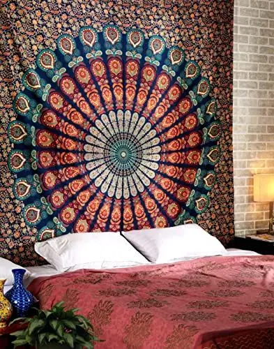 Produktbild: RAJRANG BRINGING RAJASTHAN TO YOU Pfau Mandala Wandteppiche 127x152 cm Wandbehang Wandteppich Raumdekoration Golden Blau