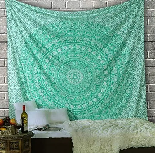 Produktbild: RAJRANG Elefant Mandala Wandteppich Boho Bohemian Dekor Wandbehang Hippie Wandbehänge Mandala Stoff 230 x 213 cm Grün