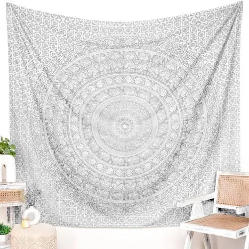 Produktbild: RAJRANG Kleiner silberner Mandala-Wandteppich für Schlafzimmer und Wohnzimmer, Boho-Bohemian-Wandbehang, Baumwoll-Wandteppiche 76 x 102 cm