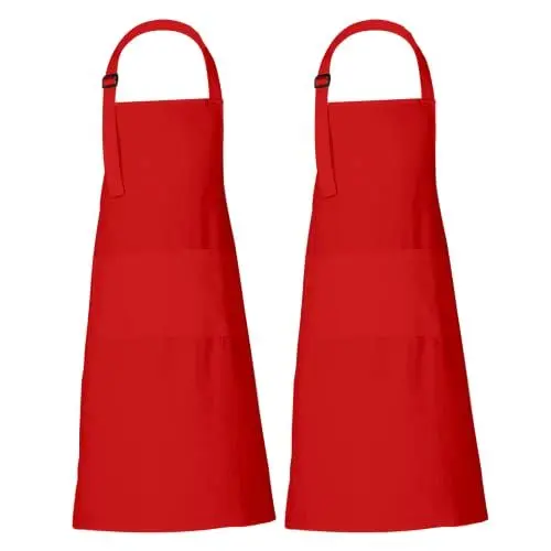 Produktbild: RAJRANG Rote Baumwollschürze 69 x 89 cm 2er Set Professionelle Kochschürzen mit 3 Taschen Verstellbarer Nackenband Latzschürze für Restaurant Herren Damen