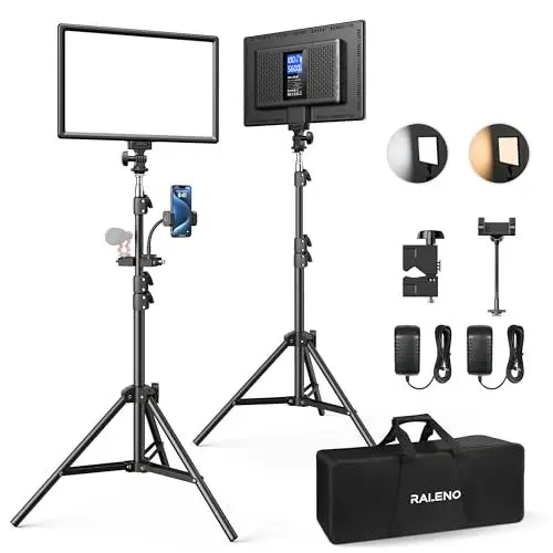 Produktbild: RALENO LED Videoleuchte, 2 Pack 384 LED Sanftes Video Streaming Licht mit 180cm Stativ Handyhalter 8000mAh-Akku 3200-5600K 0-100% Dimmbar Fotolicht CRI95 für YouTube TikTok Fotografie Videobeleuchtung