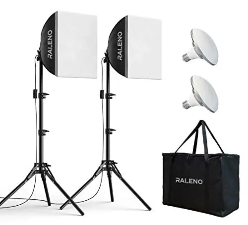 Produktbild: RALENO Softboxen, Softbox Fotostudio Set, 2 x 40x40 cm Fotolicht mit Stative und LED-Glühbirne (50W, 5500K, 97 CRI), Fotolampe für Porträtfotografie, YouTube-Videofotografie, Modell: PS080