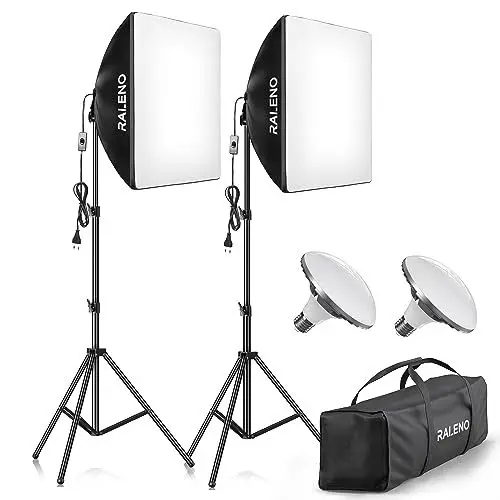 Produktbild: RALENO Softbox Fotostudio Set, 2 x 50x50cm Fotolicht mit 50W 5500 K Glühbirne und Stativ für Porträtfotografie, Game-Streaming,Videofotografie(Softbox mit Grauem Rand)
