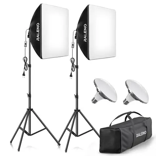 Produktbild: RALENO Softboxen, 2 x 50 W LED Softbox Fotostudio Set, 2 x 50 x 50 cm Fotolicht mit 5500 K Glühbirne und Stativ für Porträtfotografie, Game-Streaming, YouTube-Videofotografie