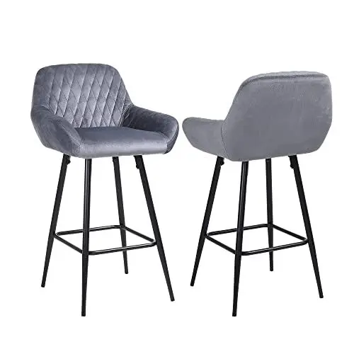 Produktbild: ralex-chair Barhocker 2er Set, Grauer Samtstoff Barstuhl mit Rückenlehne und Armlehne, Hohe Hocker mit Unterstützte Schwarze Metallbeine, Frühstückstheke, für Bar, Theke, Küche, Zuhause(Grau, 2 Stück)