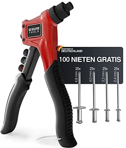 Produktbild: RAM TOOLS® Nietenzange, Nietzange Set inkl.100 Nieten in 4 Größen, Blindnietzange mit patentierter Technik, Nieten Setzen auf Profiniveau