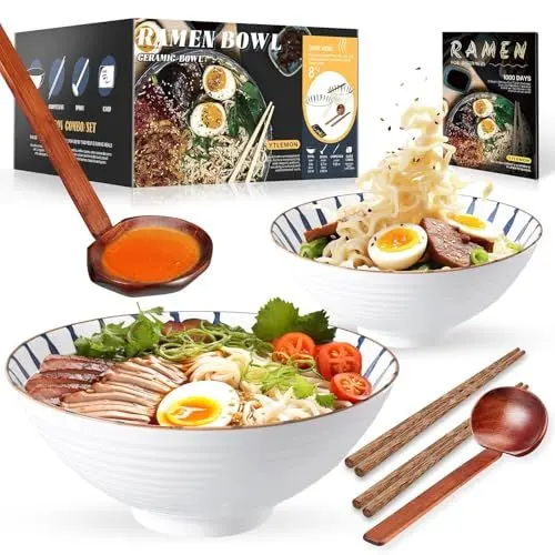 Produktbild: Ramen Schüssel Keramik Set 2×1000ml,34oz Japanisches Porzellan Geschirr mit Essstäbchen Löffel und Rezepte,Suppenschalen Rührschüsseln für Nudeln Getreide Salate Geschenke für neuen Häusern