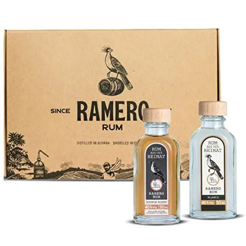 Produktbild: RAMERO Rum Miniatur Set 2 x 50ml braun & weißer Rum Minis Probierset inkl. DOUBLE Blend mind. 3 Jahre gereift & BLANCO im Geschenkset Männer - World Spirits GOLD Award Gewinner