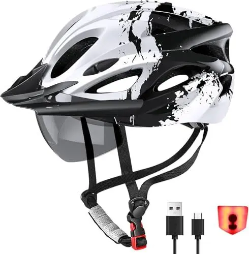 Produktbild: RaMokey Fahrradhelm Erwachsene mit Licht,Radhelm, Cityhelm Urban Fahrradhelm für Herren Damen mit Abnehmbarer Magnetische Schutzbrille Visier, Fahrrad Helm mit 18 Belüftungskanäle57-62cm (White)