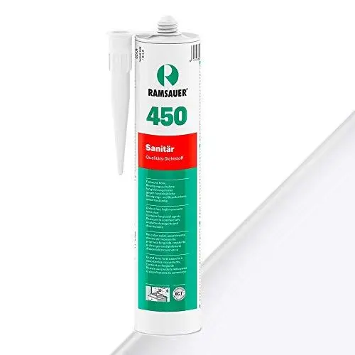 Produktbild: RAMSAUER 450 Sanitär 1K Silikon (Weiß) - 310ml Kartusche, ideal für Feuchträume & Nassbereiche, Lebensmittelbereich, leicht verarbeitbar, schnelle Tiefhärtung, optimale Glättbarkeit