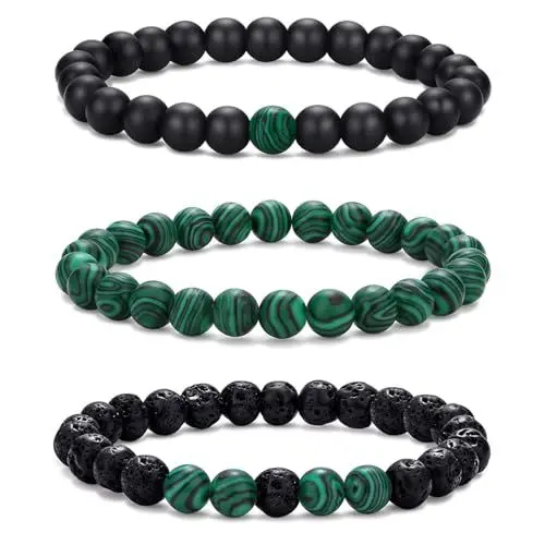 Produktbild: RANKEEF Perlenarmband Herren 8mm Naturstein Set - Verschiedene Schwarze Malachit Armbänder für Männer - Stretch Lavastein Armband