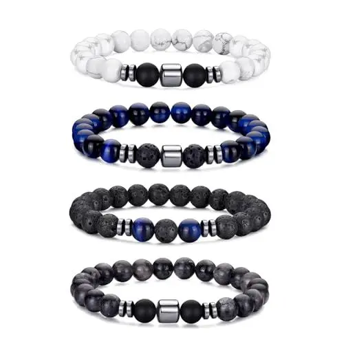 Produktbild: RANKEEF Tigerauge-Armband für Herren 8 mm Natursteinperlen Armband Set dehnbare Lavastein Armbänder verstellbares schwarzes Kristallperlenarmband für Männer und Frauen Geschenke