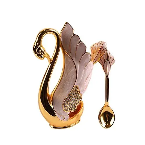 Produktbild: RANRAO 7 Stück Löffel Dessertlöffel Set mit Schwanenhalter Teelöffel Dessertlöffel, Emaille Design Eleganter Schwanenform Löffel Set, Golden Dessertlöffel Set für Kaffee, Dessert, Rühren, Teelöffel