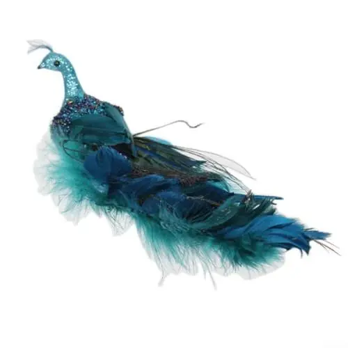 Produktbild: RANRAO Blauer Pfau Weihnachtsschmuck mit Clip, künstlicher Pfau mit langem Schwanz, gefiederte Simulationsvögel, glitzernder Phönix, Weihnachtsdekoration für Weihnachtsbaumdekoration (blau)