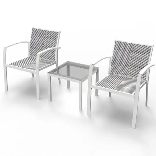 Produktbild: RANSENERS 3-Teilig Premium Balkonset Bistroset mit Metallrahmen und Polyrattan Sitzfläche für Garten Terrasse und Balkon (Weiß)