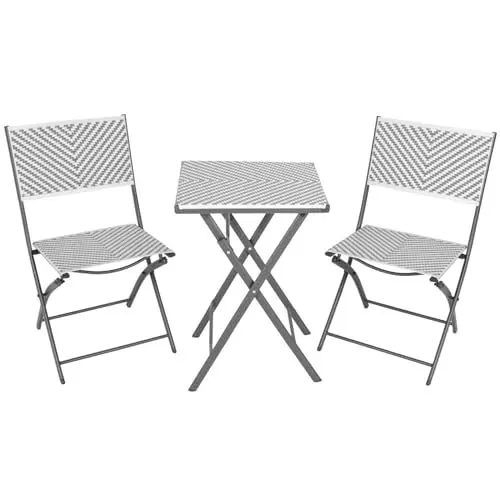 Produktbild: RANSENERS 3tlg-Set Bistroset mit 2 Klappbare Stühlen und Couchtisch - Balkonset mit Metallrahmen und Polyrattan Sitzfläche für Garten Terrasse und Balkon - Milchig