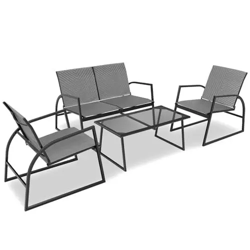 Produktbild: RANSENERS 4-Teilig Gartenmöbelset Kompakt Sofagarnitur - Stabiler Metallrahmen mit Polyrattan Sitzfläche Balkonmöbelset für Garten Terrasse und Balkon (Grau)