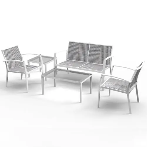 Produktbild: RANSENERS Premium 5tlg-Set Gartenmöbelset - Sofagarnitur mit Metallrahmen und Polyrattan Sitzfläche für Garten Terrasse und Balkon - Weiß