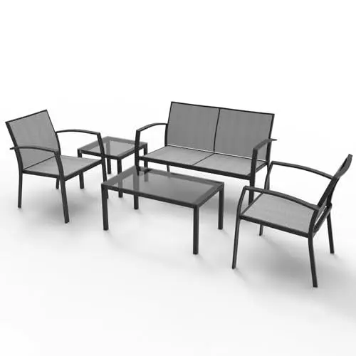 Produktbild: RANSENERS 5-Teilig Premium Gartenmöbelset mit Metallrahmen und Polyrattan Sitzfläche für Garten Terrasse und Balkon (Grau)