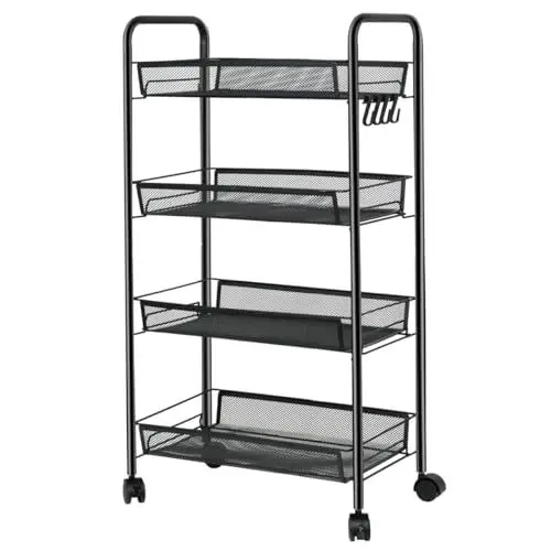 Produktbild: RANSENERS Küchenwagen, Rollregal mit 4 Ebenen 45x26x84cm, Rollen mit Bremse, Mesh Metallkörbe, Lagerregal auf Rädern, schwarz.