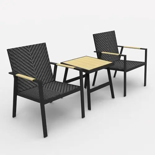 Produktbild: RANSENERS Premium 3-Teilig Balkonset Bistroset von Gartenmöbelset CBLS12X mit Vollem Aluminium Rahmen und Polyrattan Sitzfläche für Garten Terrasse und Balkon (Schwarz)