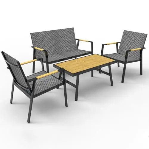 Produktbild: RANSENERS Premium 4tlg-Set Gartenmöbelset - Sofagarnitur mit Vollem Aluminium Rahmen und Polyrattan Sitzfläche für Garten Terrasse und Balkon (Grau)