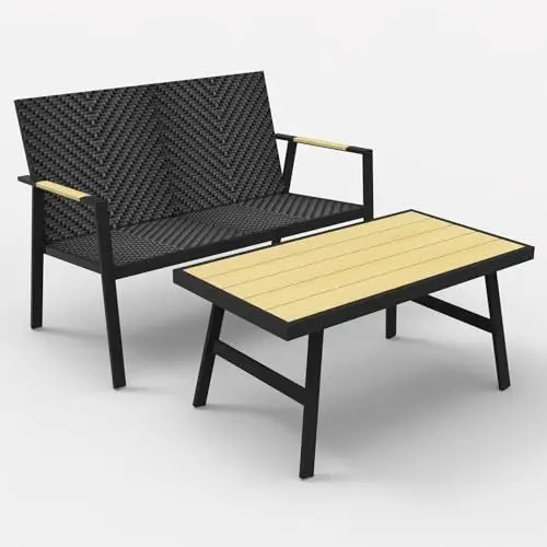 Produktbild: RANSENERS Premium Doppelsofa mit Tisch von Gartenmöbelset CBLS12X mit Vollem Aluminium Rahmen und Polyrattan Sitzfläche für Garten Terrasse und Balkon (Schwarz)
