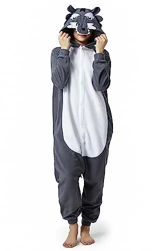 Produktbild: RANSUU Relaxo Kostüm Wolf Onesie Jumpsuit Tier Relax Kostuem Duckbill Damen Herren Pyjama Fasching Halloween Schlafanzug Cosplay Erwachsene Karneval Einteiler Grey S