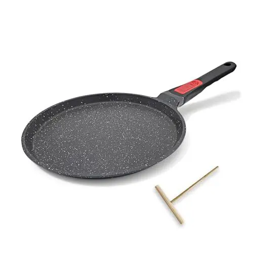Produktbild: RANXINGST Crepe Pfanne 20 cm mit Abnehmbarer Griff - Palatschinken Pfanne mit Teigverteiler - Antihaftbeschichtung - Induktion - Schwarz