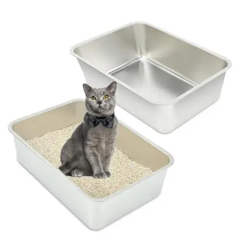Produktbild: RANYPET Große Katzentoilette Edelstahl 2 Stück, Edelstahl Katzenklo für Großes Häschen und Große Katze, Katzenklo offen, Leicht zu Reinigen Niemals Gerüche, Fleckfrei, Rostfrei, Robuste(60*40*20cm)