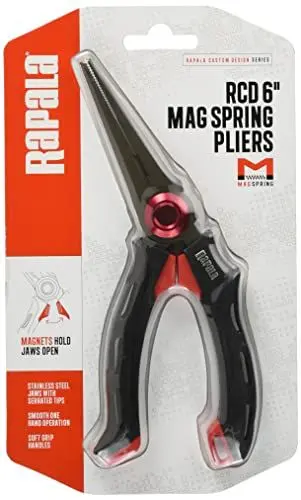 Produktbild: Rapala Unisex-Adult Angelzange RCD Mag Spring Pliers-Angelzubehör mit Edelstahlbacken-Magnetisch-Ergonomische Softgrip-Griffe Zange, Schwarz/Rot, Einzigartig