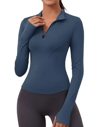 Produktbild: Rapbin T-Shirt Damen Gym Tops Langarm Sport Oberteil Athletic Tops für Fitness Laufen mit Halbem Reißverschluss und Daumenloch（ Grau Blau,S）