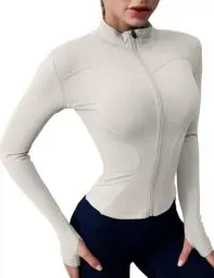 Produktbild: Rapbin Jacke Langarm Damen Laufjacke Sportjacke Leichte Gym Tops Atmungsaktiv Laufshirts Slim fit Trainingsjacke Fitness Workout Oberteil für Laufen Yoga Elfenbeingrau XS