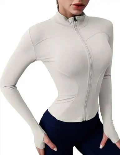 Produktbild: Rapbin Jacke Langarm Damen Laufjacke Sportjacke Leichte Gym Tops Atmungsaktiv Laufshirts Slim fit Trainingsjacke Fitness Workout Oberteil für Laufen Yoga Elfenbeingrau XS