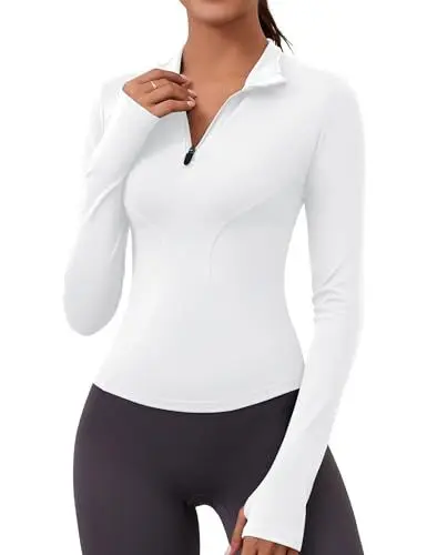 Produktbild: Rapbin T-Shirt Damen Sportshirt Langarm Fitness Top Leicht Atmungsaktiv Funktionsshirt Laufshirt mit 1/4 Reißverschluss und Daumenloch Weiß S
