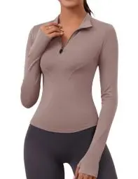 Produktbild: Rapbin Gym Top Damen Langarm Sport Oberteil T-Shirt Leicht Fitness Yoga Running Shirt mit 1/4 Reißverschluss und Daumenloch (Haiyueyan,L)
