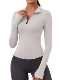 Produktbild: Rapbin Sportshirt Damen Langarm Laufshirt Leicht Fitness Crop Tops Slim Fit mit Reißverschluss und Daumenloch（Elfenbeingrau,M）