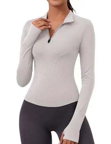 Produktbild: Rapbin Sportshirt Damen Langarm Laufshirt Leicht Fitness Crop Tops Slim Fit mit Reißverschluss und Daumenloch（Elfenbeingrau,M）