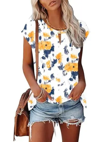 Produktbild: Rapbin Tops Damen Sommer Tank Top Casual T-Shirt Vest Top Lockere Modisches Sommer Tank Top Damen Strand Sexy Vest Top Weiß mit gelben Blumen M