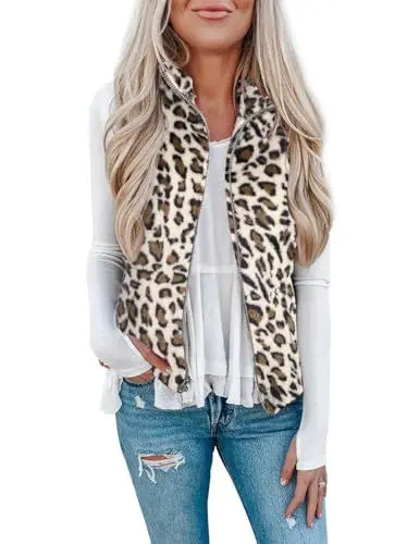 Produktbild: Raphin Westen für Damen Fleece Warm Mode Lässig Fleecepulli Damen Hohe Qualität Superweich Fleecejacke(Aprikosen Leopard,L)