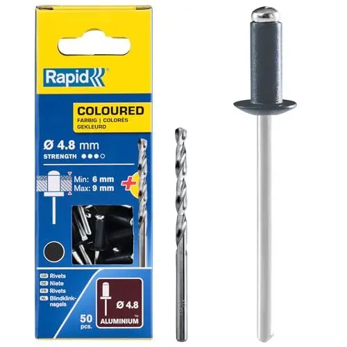 Produktbild: Rapid Blindnieten Aluminium Grau Ø 4,8mm, 6-9mm Klemmbereich, 50 Stk. Nieten, Set inkl. Bohrer, für Blindnietzangen