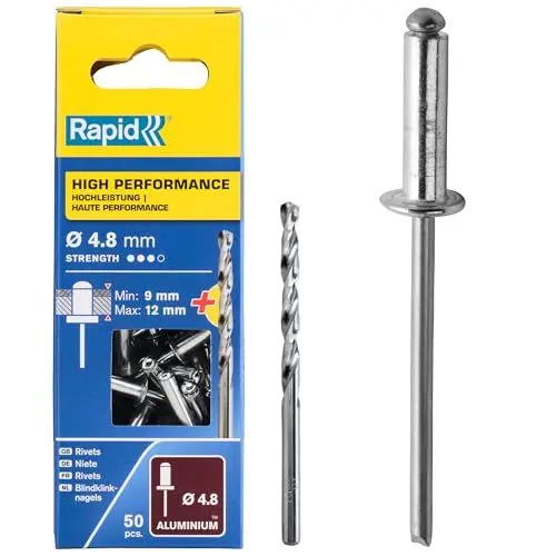 Produktbild: Rapid Blindnieten Aluminium Universal Ø 4,8mm, 9-12mm Klemmbereich, 50 Stk. Nieten, Set inkl. Bohrer, für Blindnietzangen