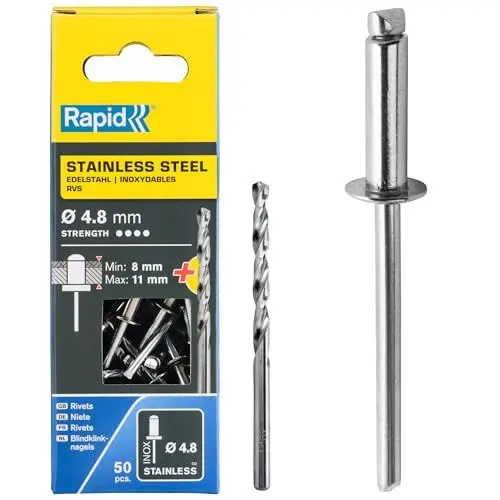 Produktbild: Rapid Blindnieten Edelstahl Ø 4,8mm, 8-11mm Klemmbereich, 50 Stk. V2A Nieten, Set inkl. Bohrer, für Blindnietzangen, Silber