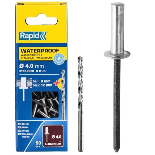 Produktbild: Rapid Blindnieten Wasserdicht Ø 4,8mm, 8-11mm Klemmbereich, 50 Stk. Aluminium Nieten, Set inkl. Bohrer, für Blindnietzangen