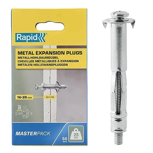 Produktbild: Rapid Hohlraumdübel Metall mit Schraube für zweilagige Gipskartonplatten und Gipsfaserplatten (16-26mm), Tragfähigkeit 25 kg, 50 Stück Metall-Hohlraumdübel