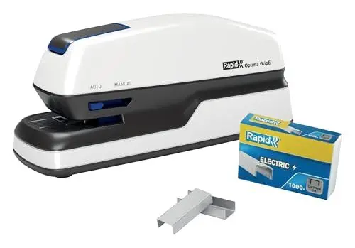 Produktbild: Rapid Optima GripE Elektrischer Tacker, Set aus Tacker und 1000 x Heftklammern, Kapazität 20 Blatt, Ideal für Büro und Home Office, 5 Jahre Garantie, Weiß, 2102349