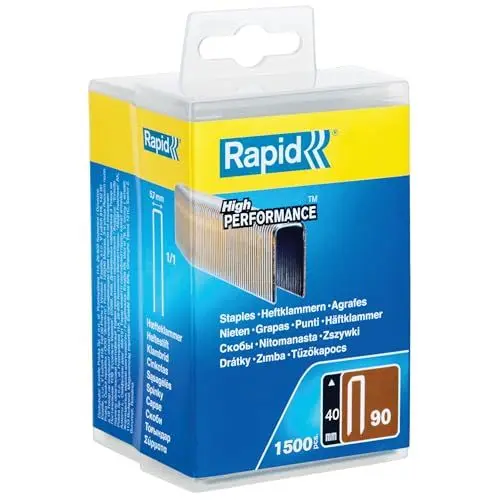 Produktbild: Rapid Tackerklammern Typ 90, 40mm Klammern, 1.500 Stk. Kunststoffbox, Schmalrückenklammern für Holz mit geharzte Oberfläche