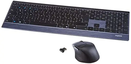 Produktbild: Rapoo 9500M kabelloses Tastatur-Maus Set Wireless Deskset 1600 DPI Sensor 12 Monate Batterielaufzeit flaches Aluminium Design DE-Layout QWERTZ PC & Mac - schwarz